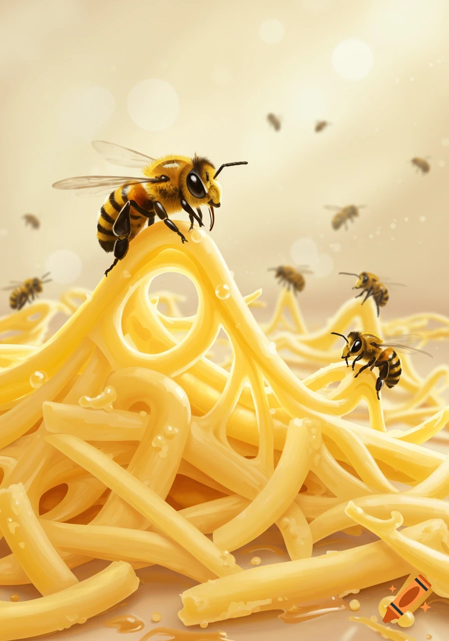 Digital illustration of several bees crawling on a mound of yellow, waxy, honey-like strands that resemble shredded cheese.