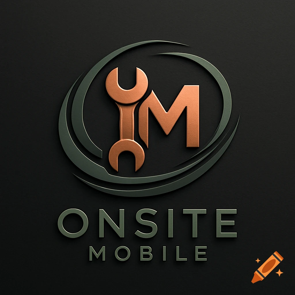 A metallic copper wrench combined with a copper letter M, encircled by dark olive green swooshes, above the words 'ONSITE MOBILE' in green metal text on a dark background.