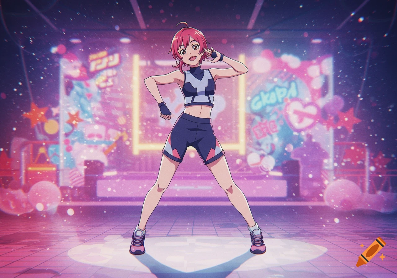 A red-haired anime girl in a sporty crop top and shorts poses on a neon-lit stage with blurry background text.