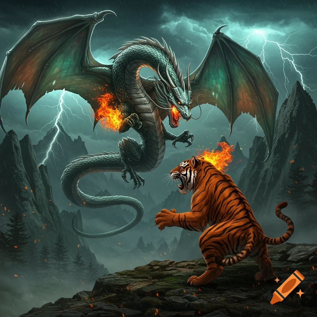 A large green dragon with wings and fiery breath battles an orange tiger with flames on its back amidst a stormy, lightning-filled mountain landscape.