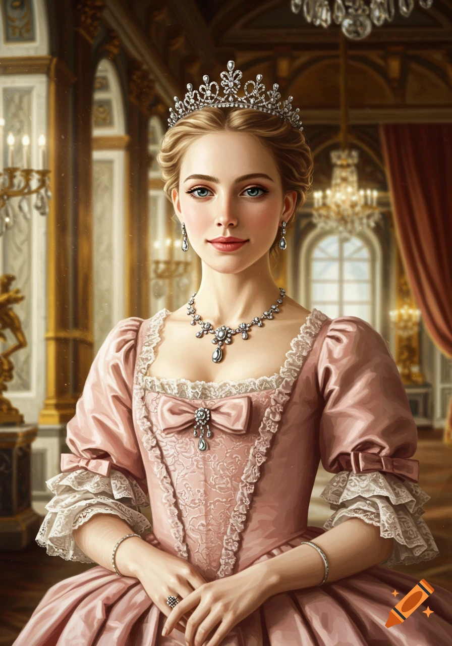 A blonde French princess in a pink lace dress and sparkling jewelry sits in a grand palace, in a realistic painting style.