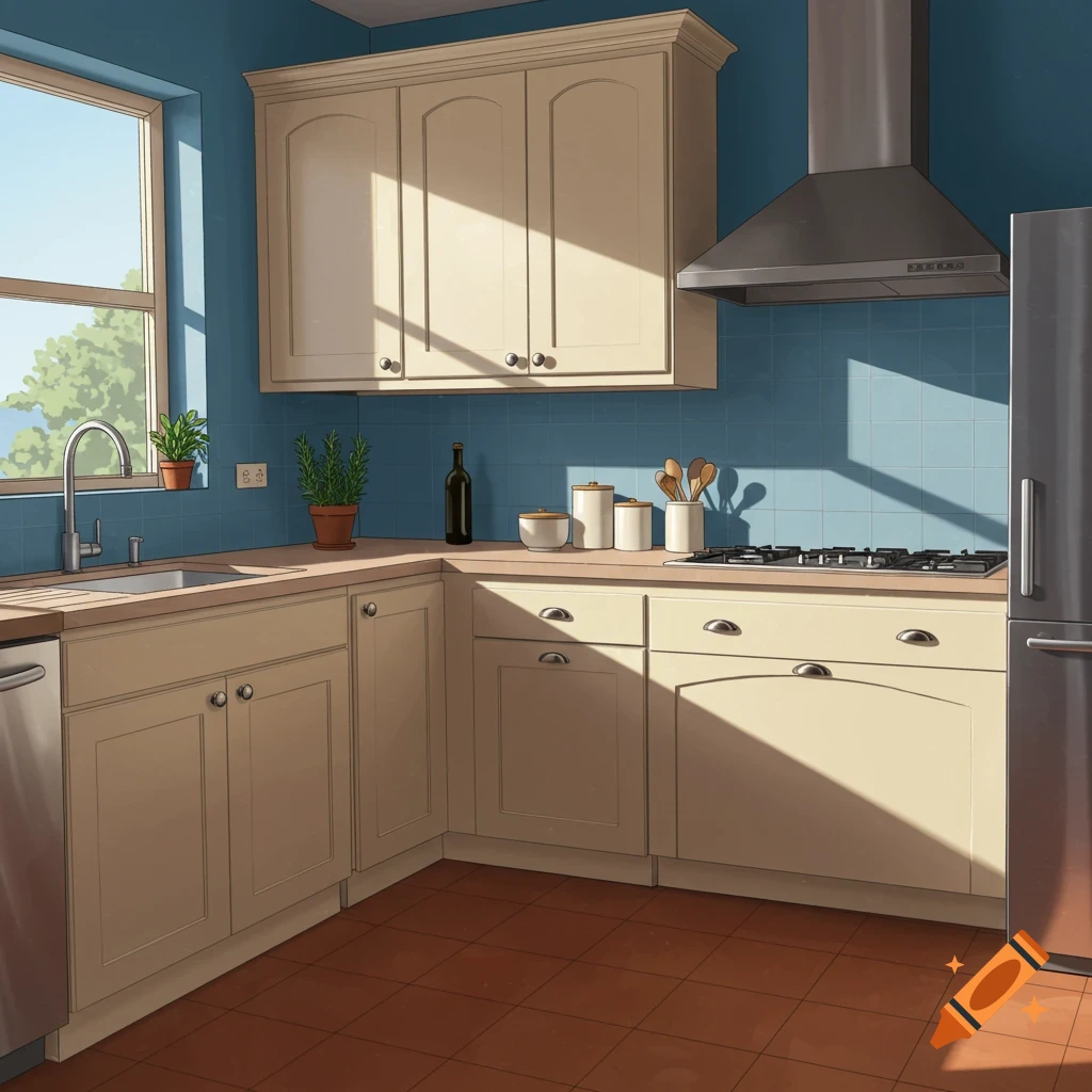 An illustrative rendering of a sunny kitchen with eggshell cabinets, blue tiled walls, and terracotta floor.