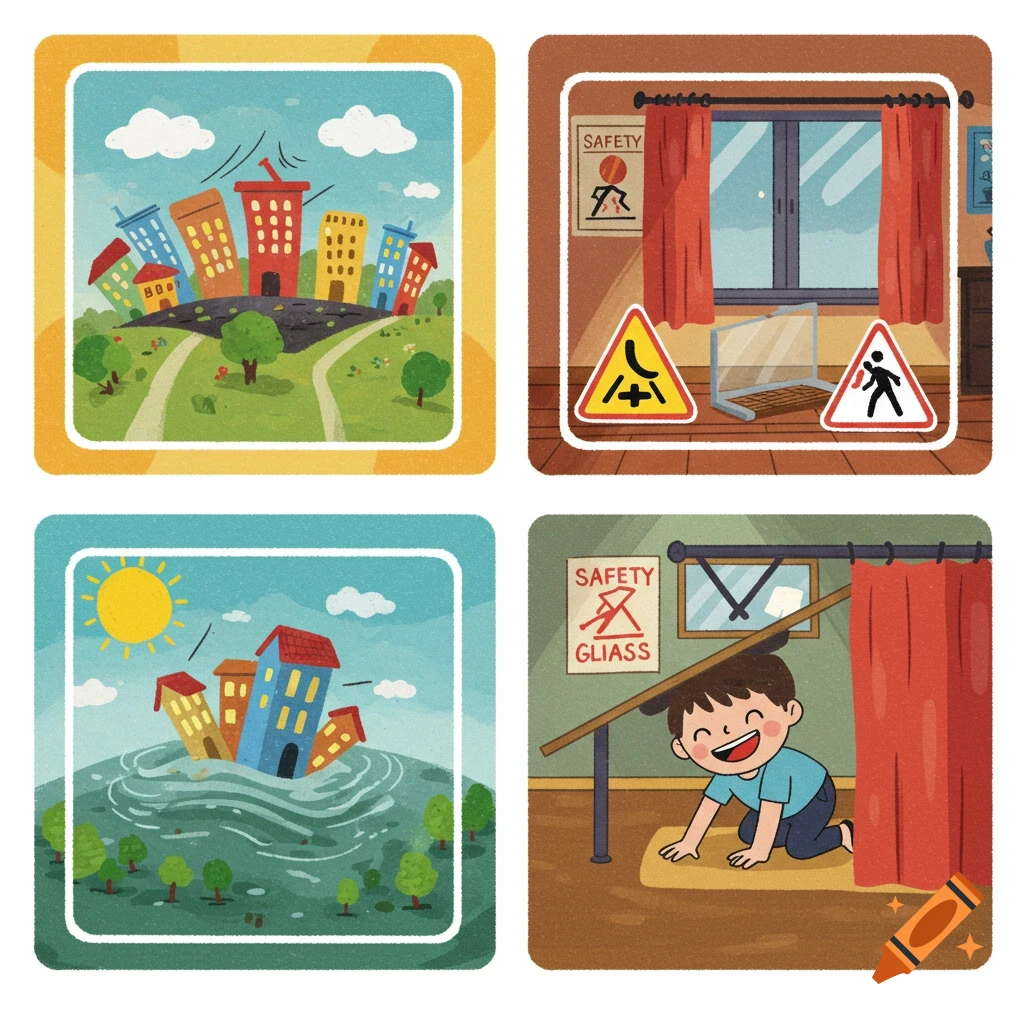 Four cartoon square illustrations for a children's game. Top left: earthquake shaking a city. Top right: room with safety signs. Bottom left: flooded city. Bottom right: child hiding under a desk.