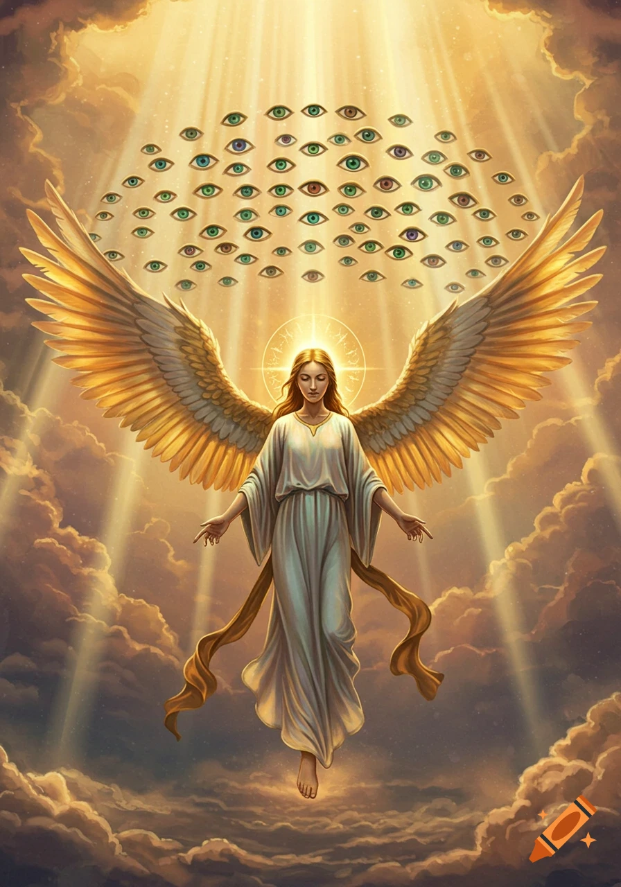 An angelic figure with golden wings floats in clouds, illuminated by divine light, with many eyes above its head.