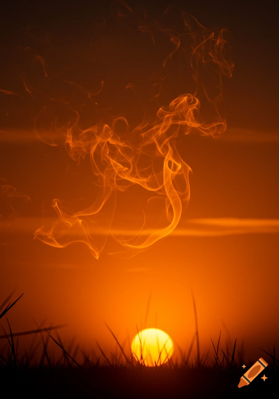 Abstract smoke plumes rise above a fiery orange sunset over silhouetted grass.