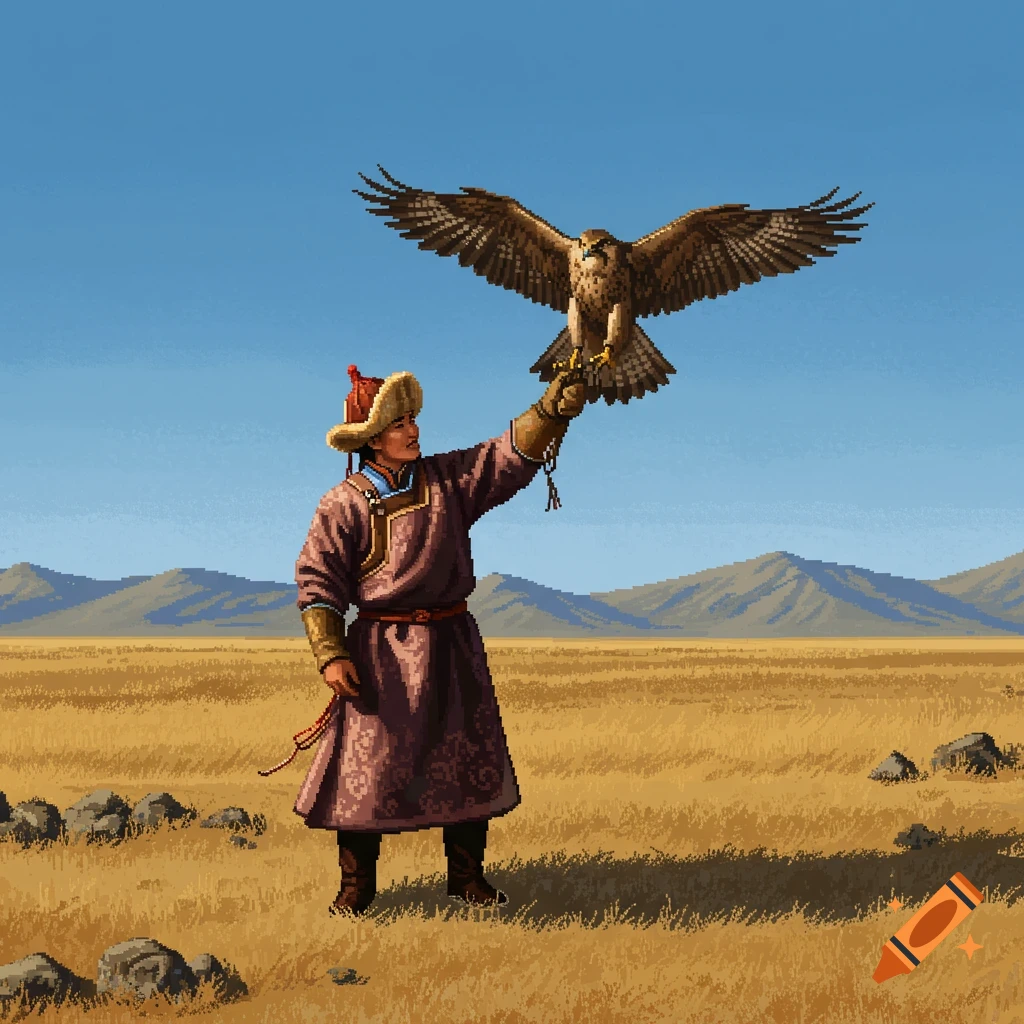 Pixel art of a Mongolian falconer in traditional attire with a falcon perched on their arm in an arid landscape with mountains.
