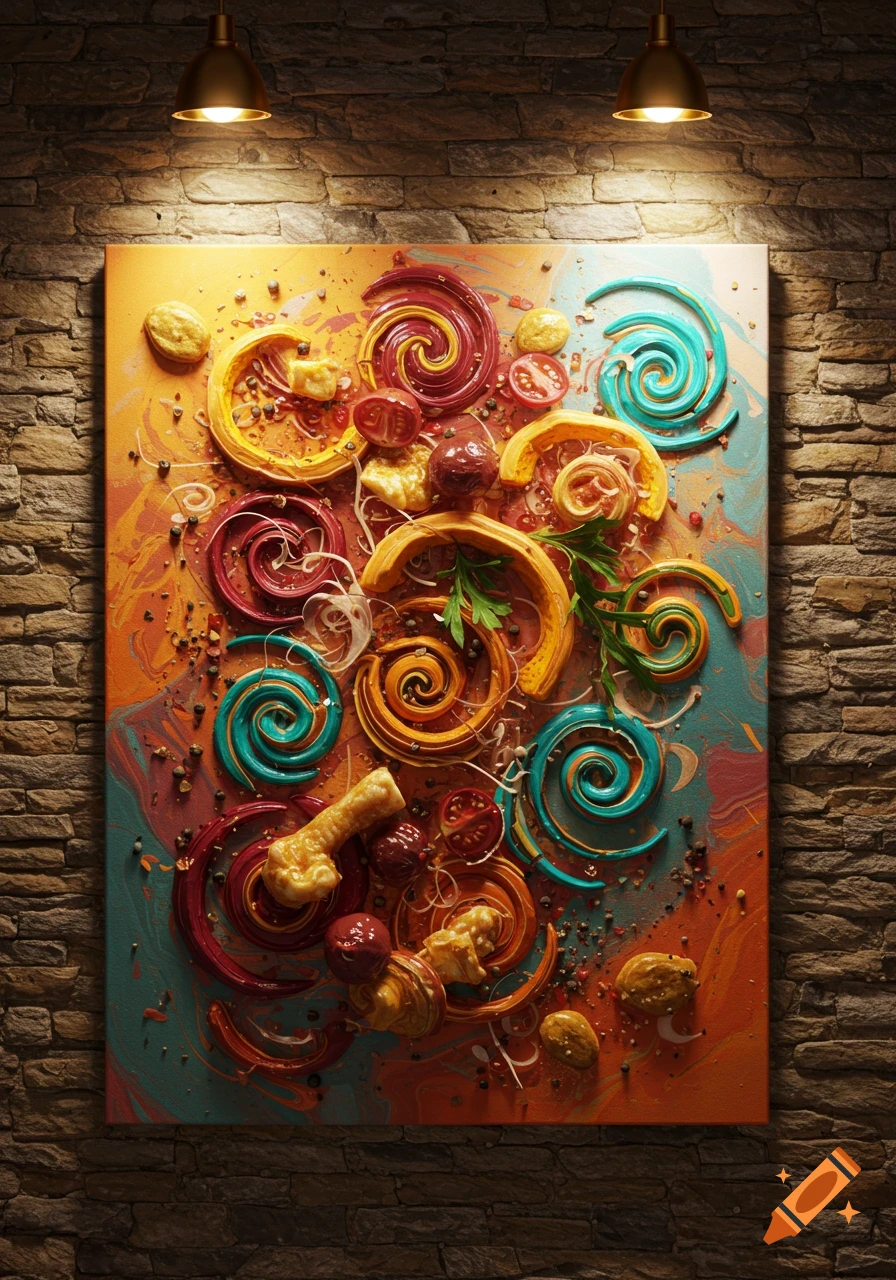 Abstract art of colorful swirling food items, spices, and small objects on a canvas, illuminated by spotlights on a brick wall.