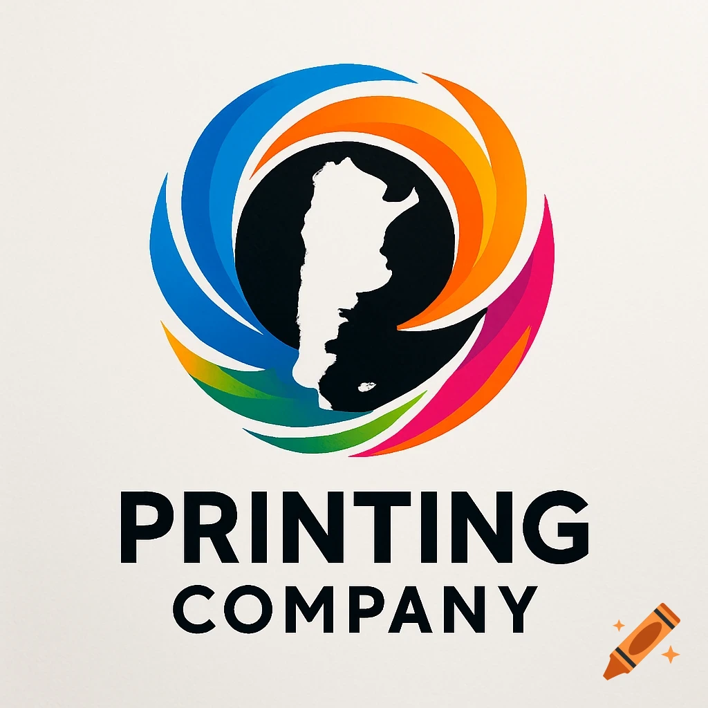 Modern logo with a white map of Argentina in a black circle, surrounded by vibrant swirling colors, above 'PRINTING COMPANY' text.