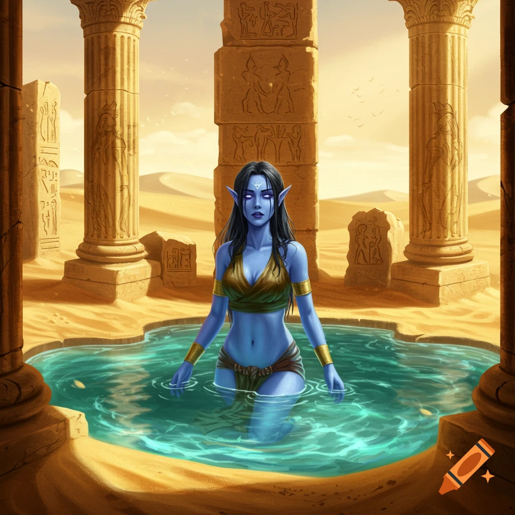 A blue-skinned Drow Elf woman stands in a pool within a ruined desert temple, surrounded by sand and ancient pillars, digital art.