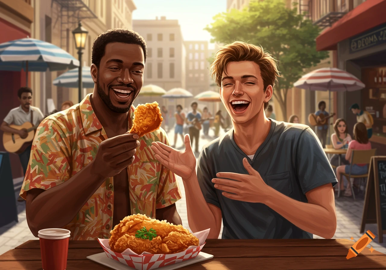 Two men, one Black, one White, laugh while eating fried chicken at an outdoor cafe on a sunny day in an illustrative style.