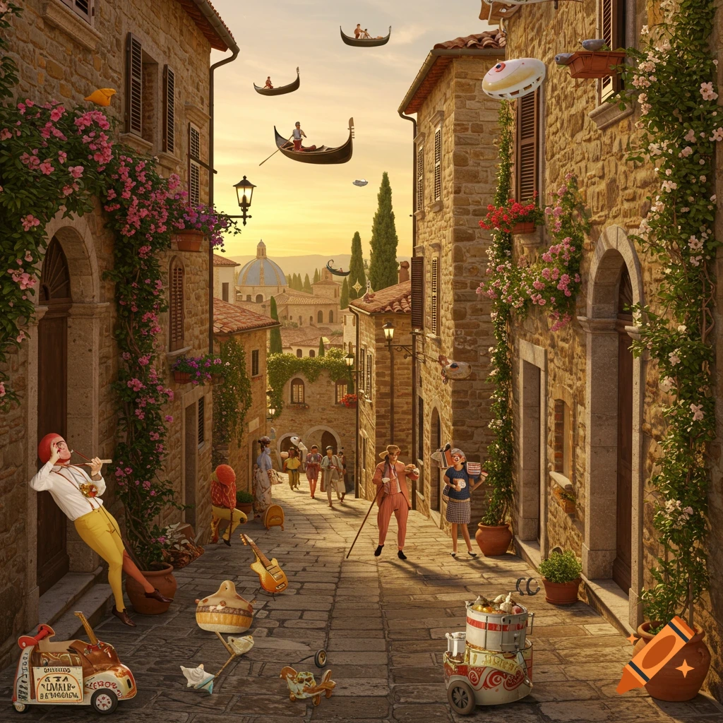 A whimsical, surreal street scene in an Italian village with stone buildings, flying gondolas, and eccentric figures on a cobbled street at sunset.