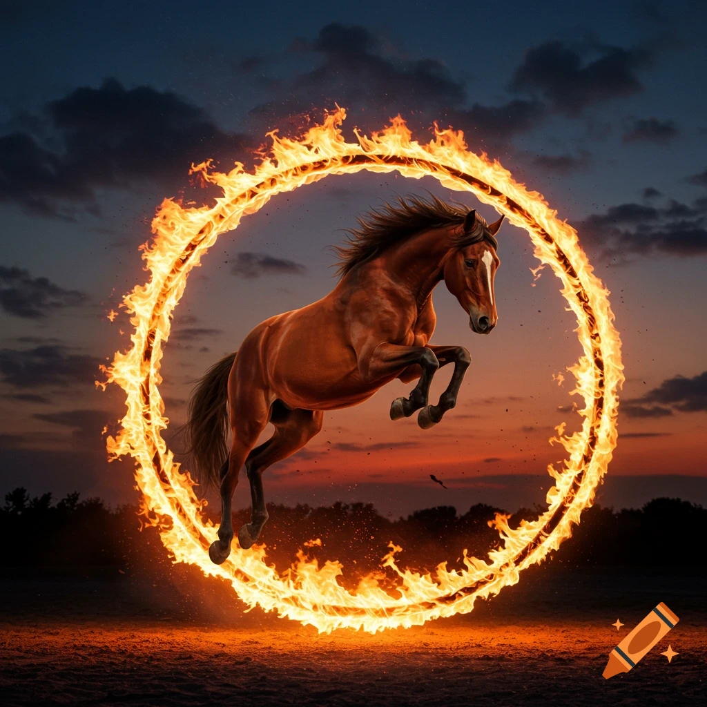 A brown horse leaps through a large ring of fire against a sunset sky.