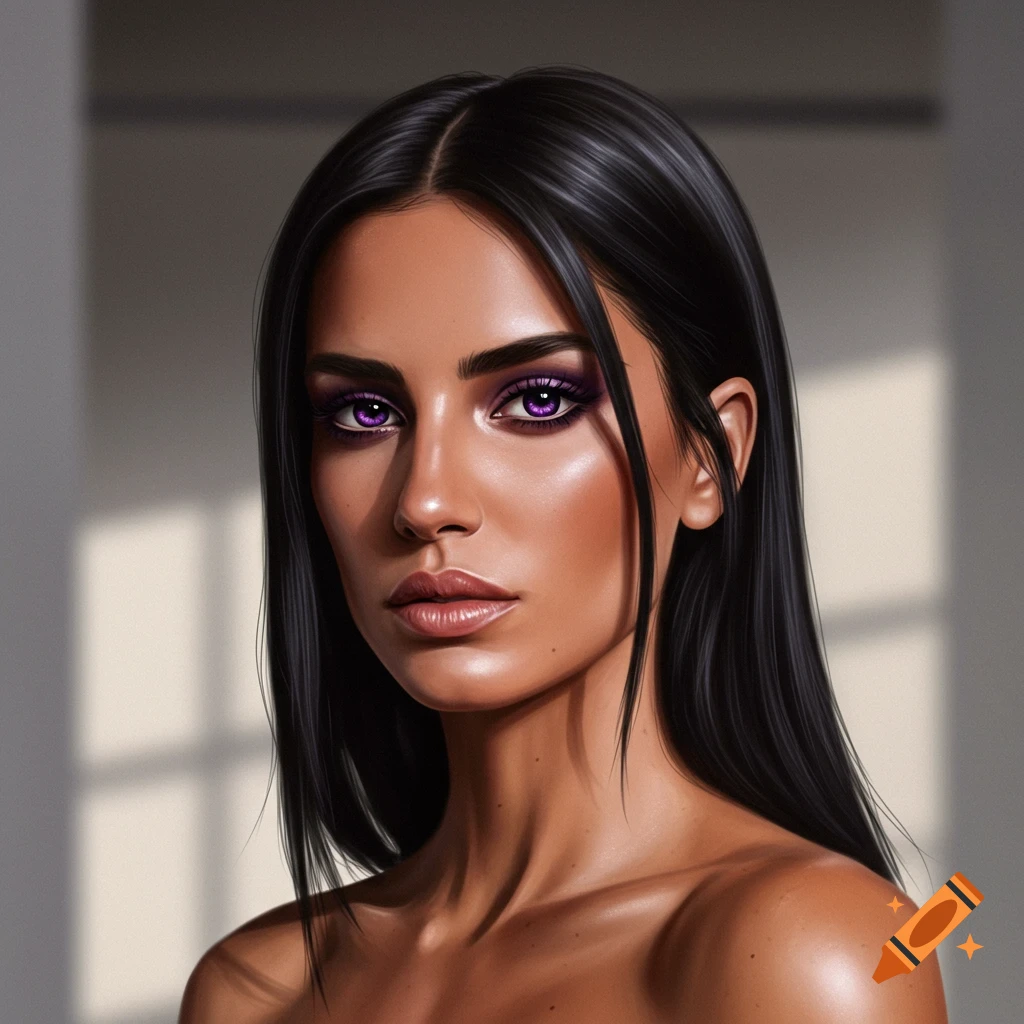 A stylized portrait of a woman with long dark hair, purple eyes, and purple eyeshadow, with window shadows across her face and bare shoulders.