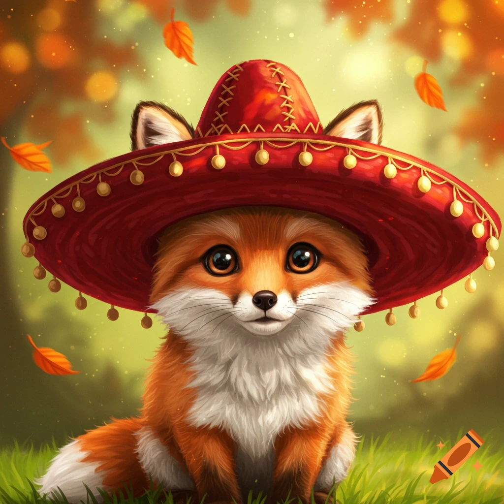 A cute cartoon fox with big eyes wears a red sombrero, sitting in green grass with orange autumn leaves falling.