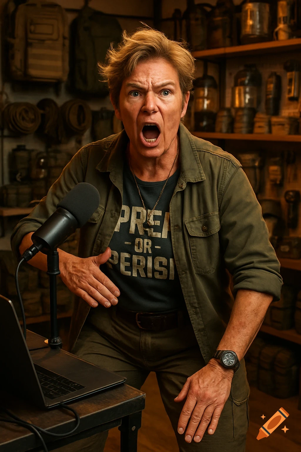 A photorealistic portrait of a woman with short blonde hair in a studio, mid-rant with her mouth open, wearing a tactical jacket and "Prep or Perish" t-shirt, gesturing towards a microphone and laptop.