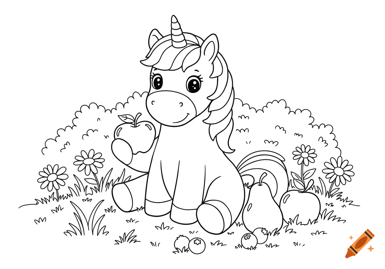 Cute unicorn sitting in a meadow, holding an apple, with a pear and blueberries nearby, in black and white line art style.