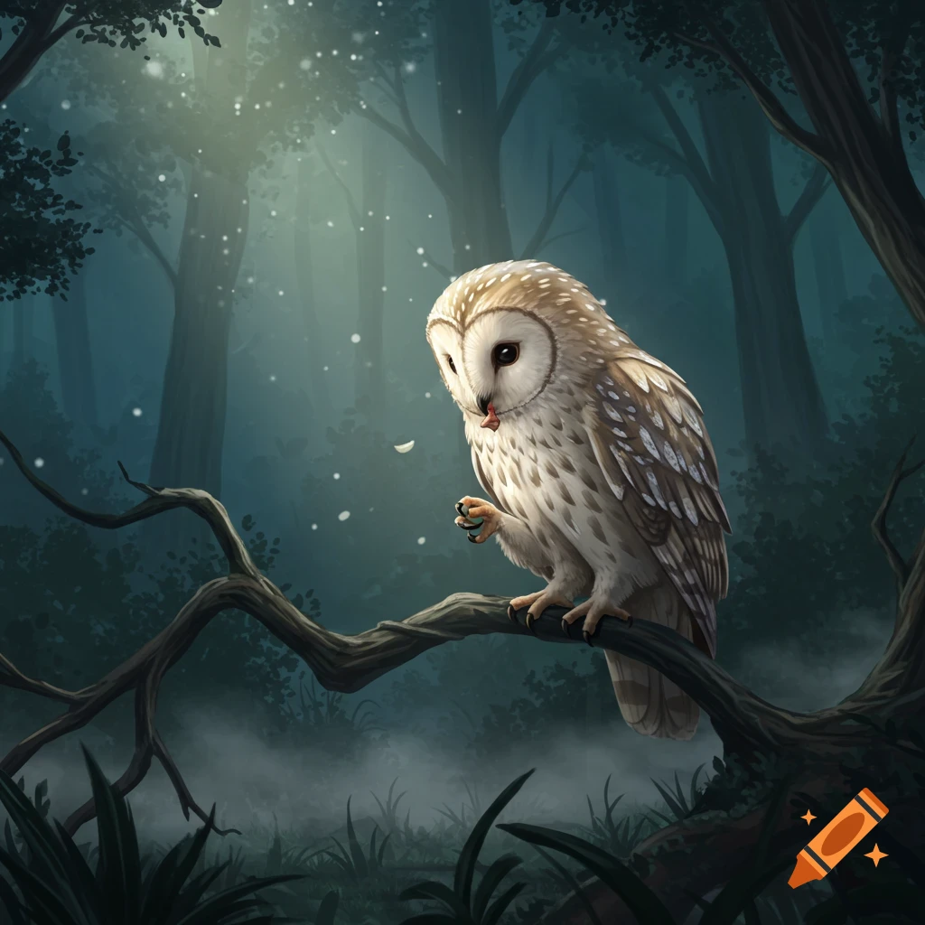 A barn owl with a small red tongue on a gnarled branch in a misty, dark forest with glowing particles, digital painting.