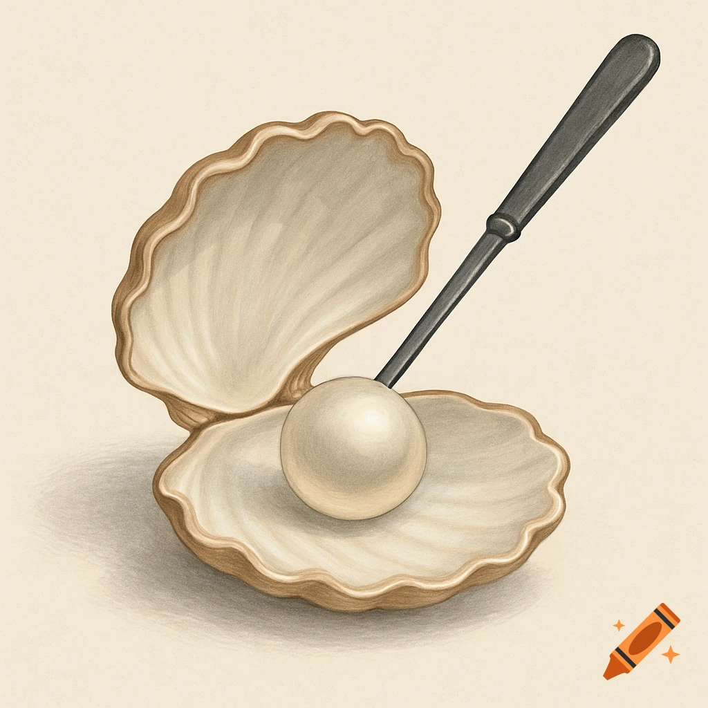 A detailed illustration of an open clam shell with a luminous pearl inside, being gently prised by a slender dark tool.
