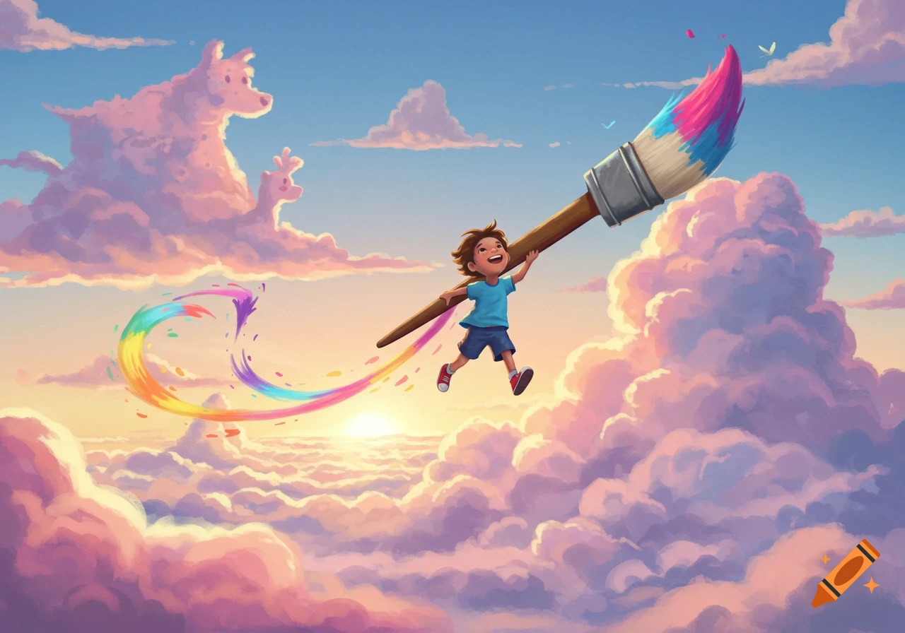 A joyful child flies through a dreamlike sky, holding a giant paintbrush leaving a rainbow trail amidst colorful clouds. Picture-book illustration.