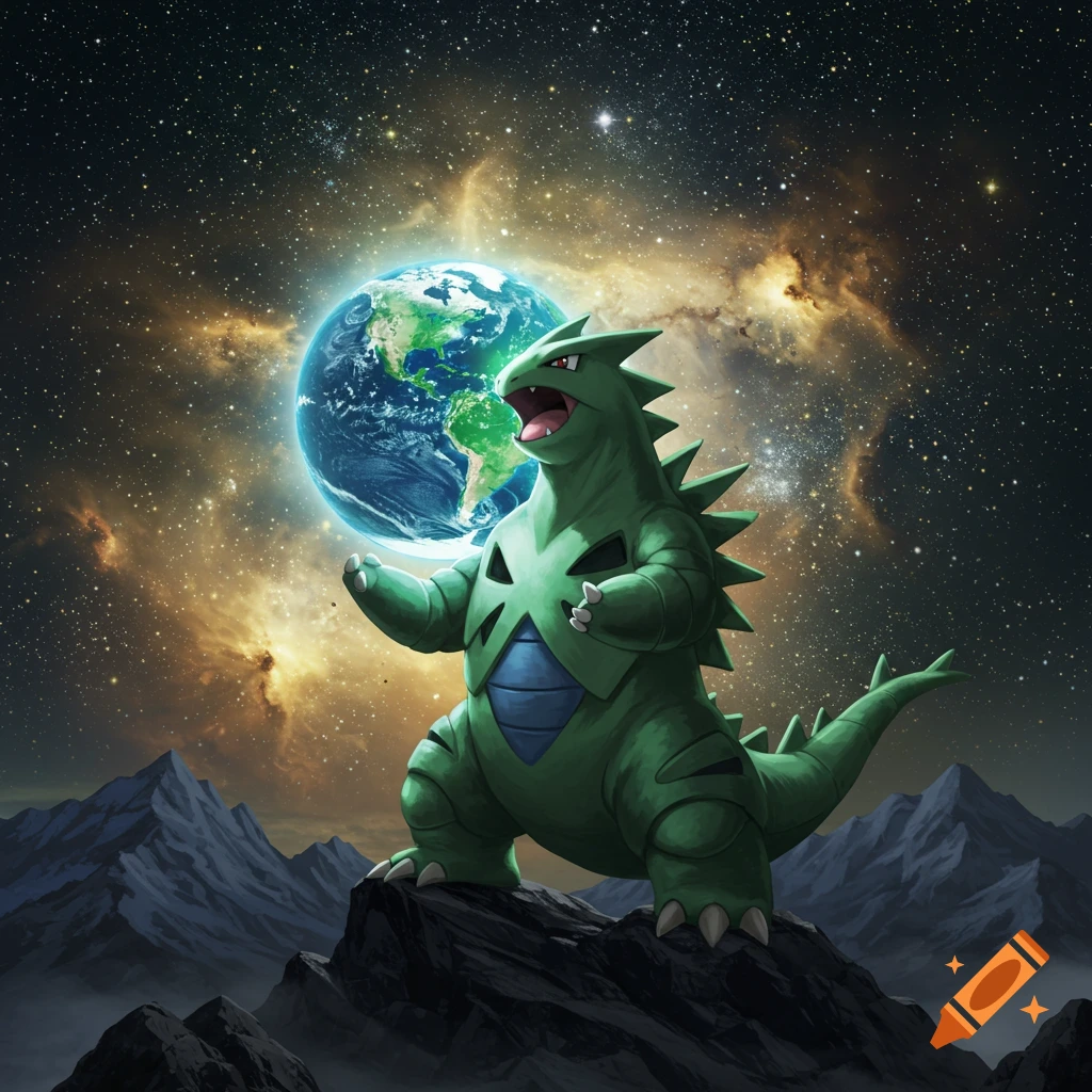 A green Tyranitar stands on a rocky mountain peak, holding a glowing Earth in front of a starry galaxy.