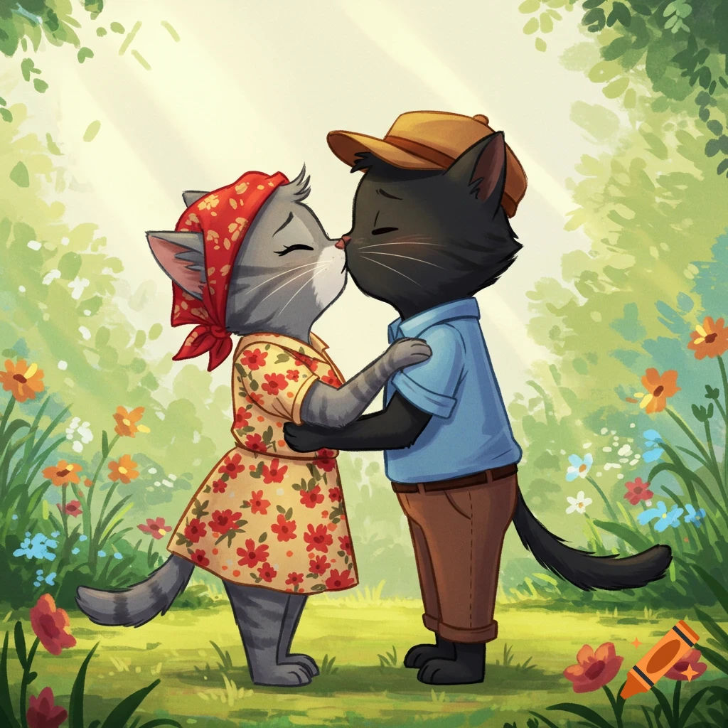 Two animated anthropomorphic cats, a female in a floral dress and a male in a blue shirt and cap, embrace and kiss in a sunny field.