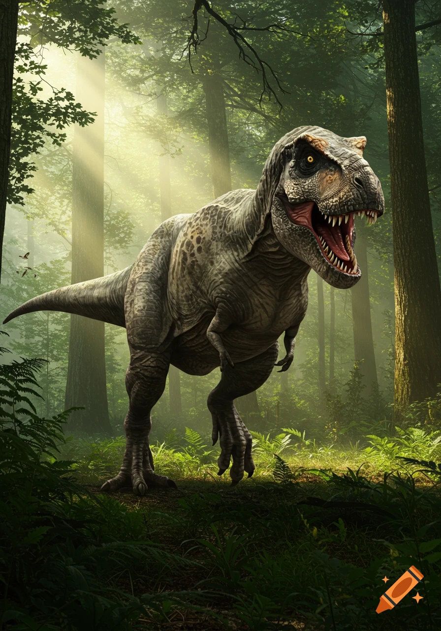 A powerful, photorealistic T-Rex roars while walking through a lush, sunlit prehistoric forest.