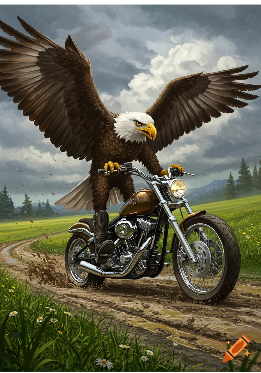 A stylized bald eagle drives a custom motorcycle through a muddy track in a green, rainy landscape.