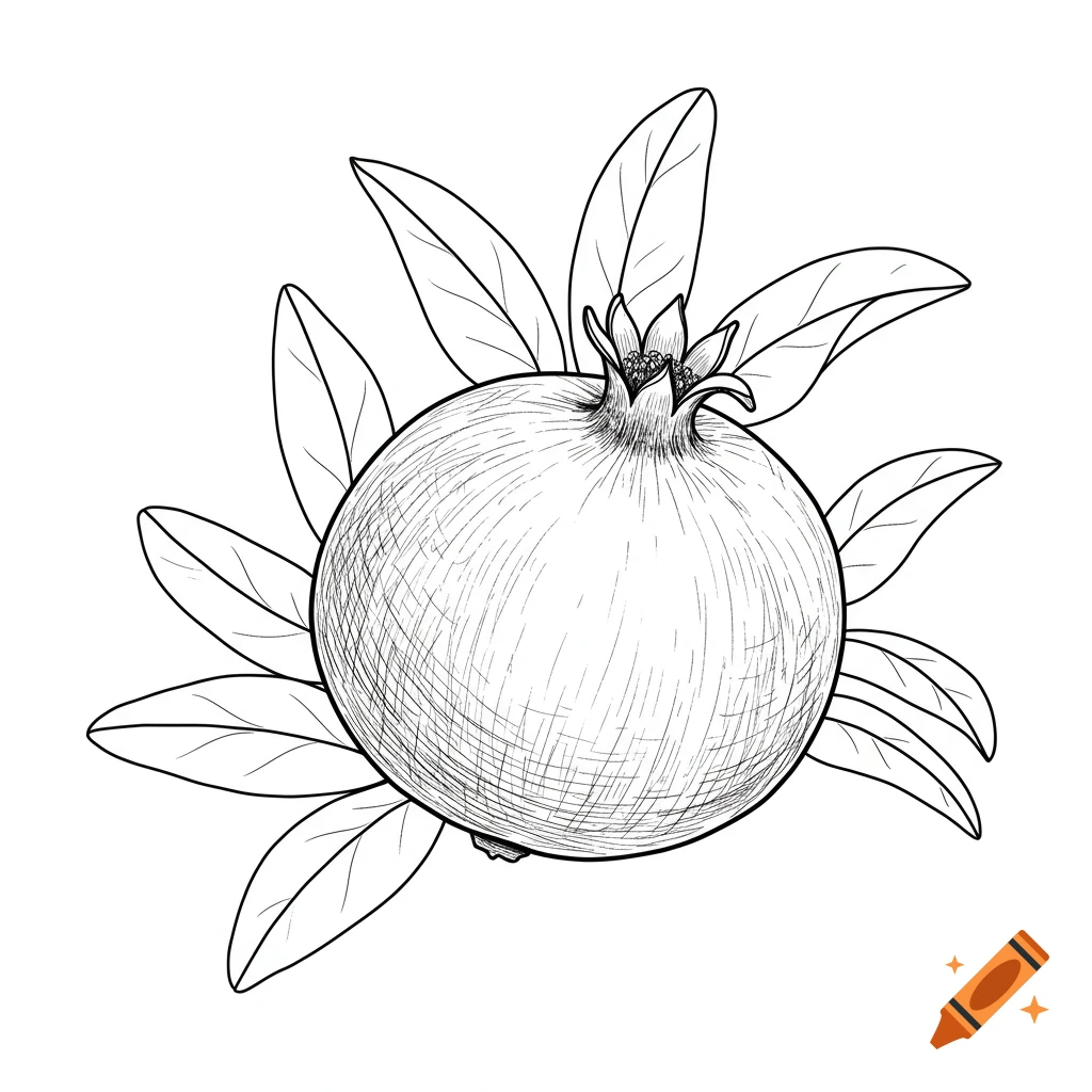 A simple black and white line drawing of a pomegranate surrounded by leaves.