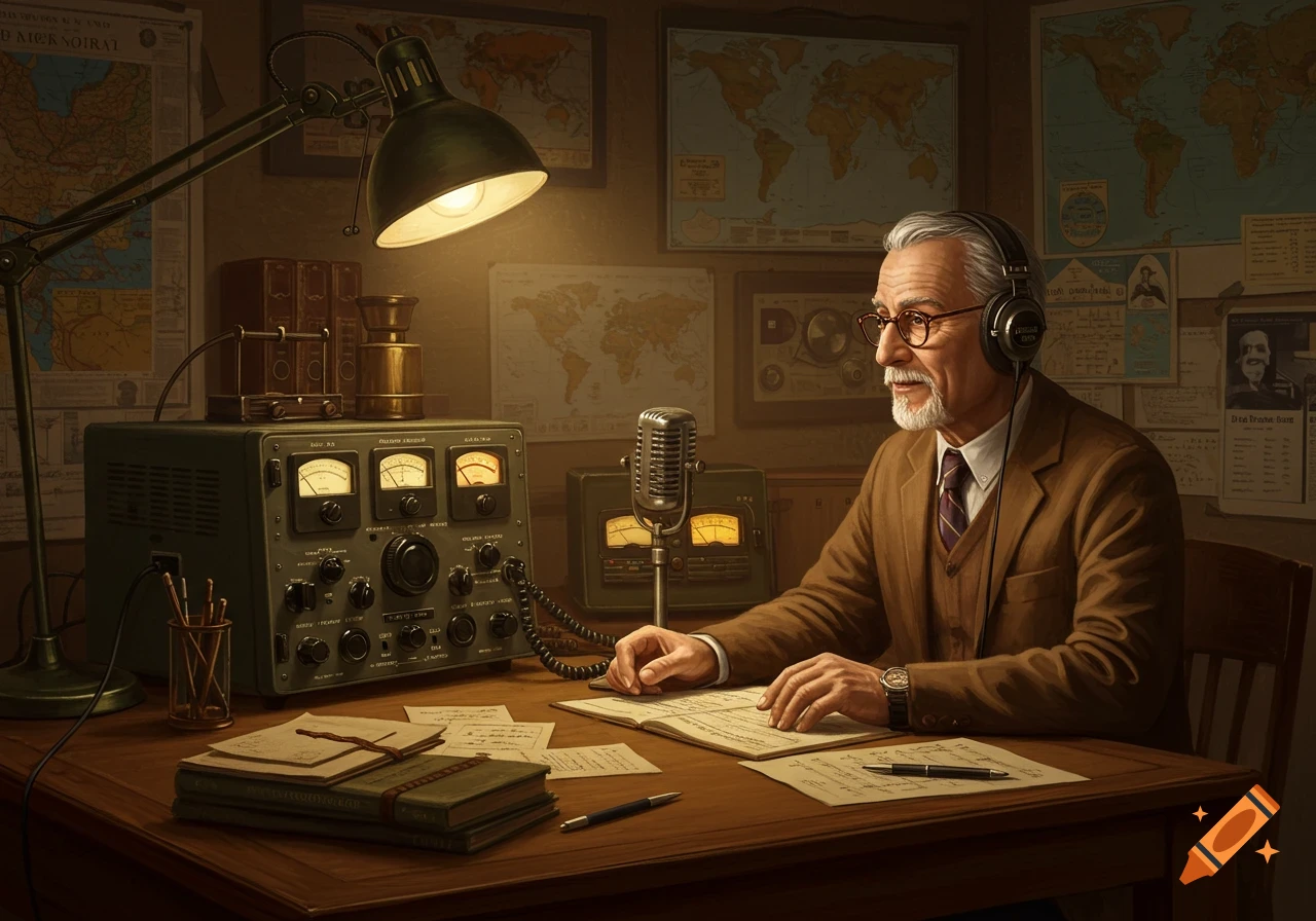A grey-haired man with headphones sits at a desk with a vintage ham radio, microphone, and maps on the wall.