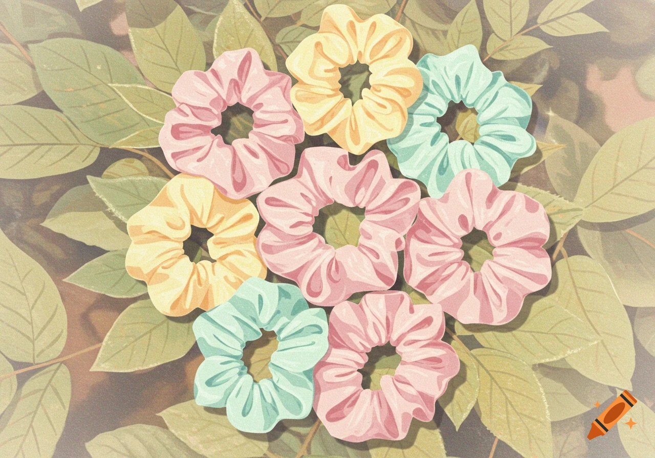 An illustration of pastel pink, yellow, and mint green scrunchies arranged on green leaves.