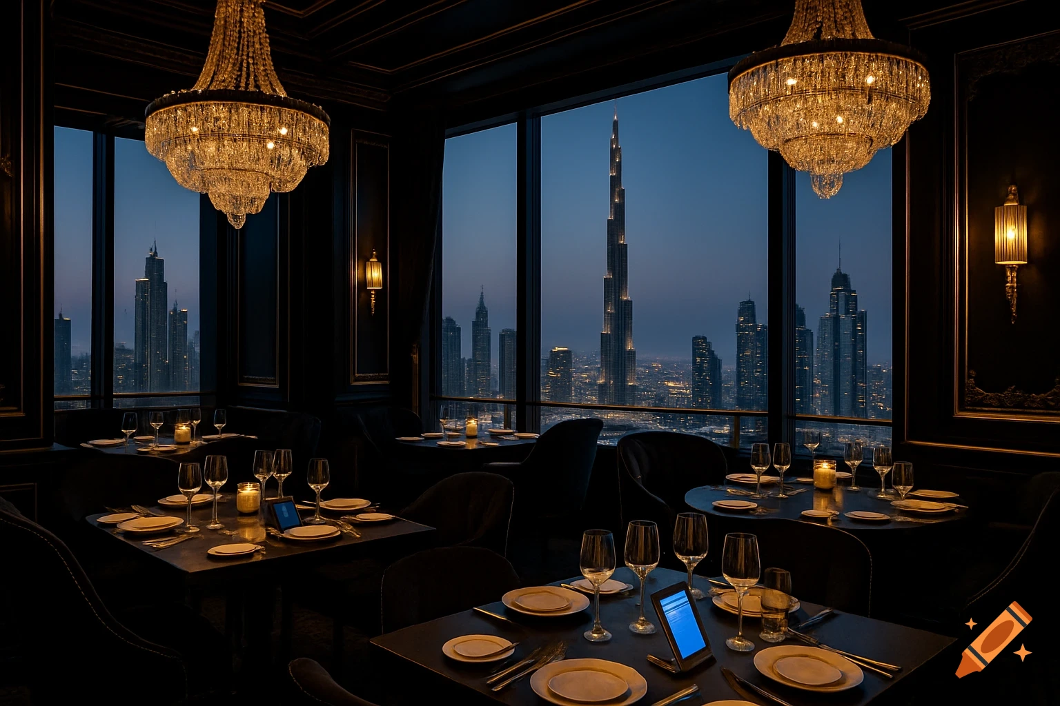 A luxurious fine-dining restaurant with sparkling chandeliers and tables set for dinner, offering a stunning night view of the Burj Khalifa and Dubai city skyline.
