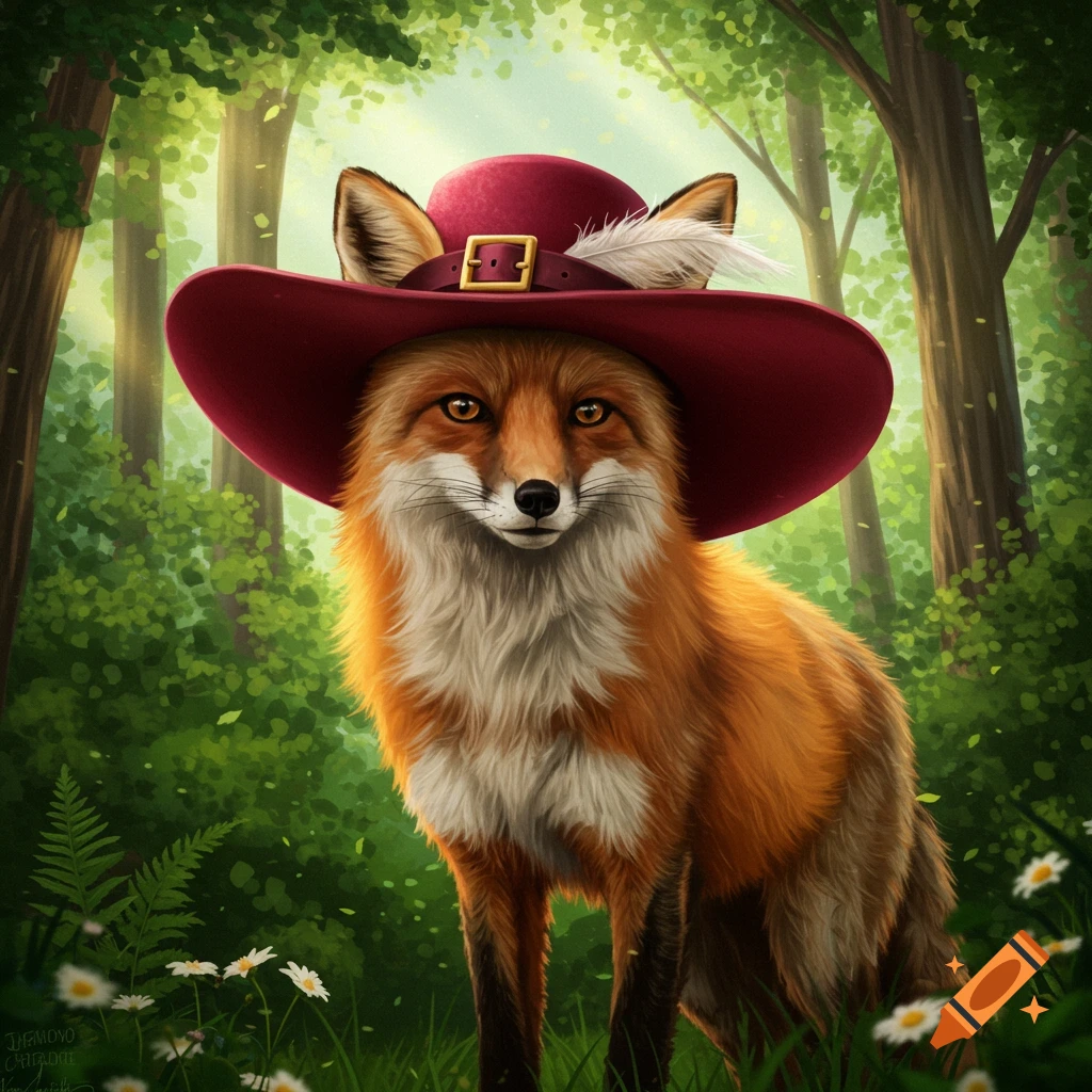 A whimsical orange fox wearing a large red hat with a feather, standing in a vibrant green forest with daisies.