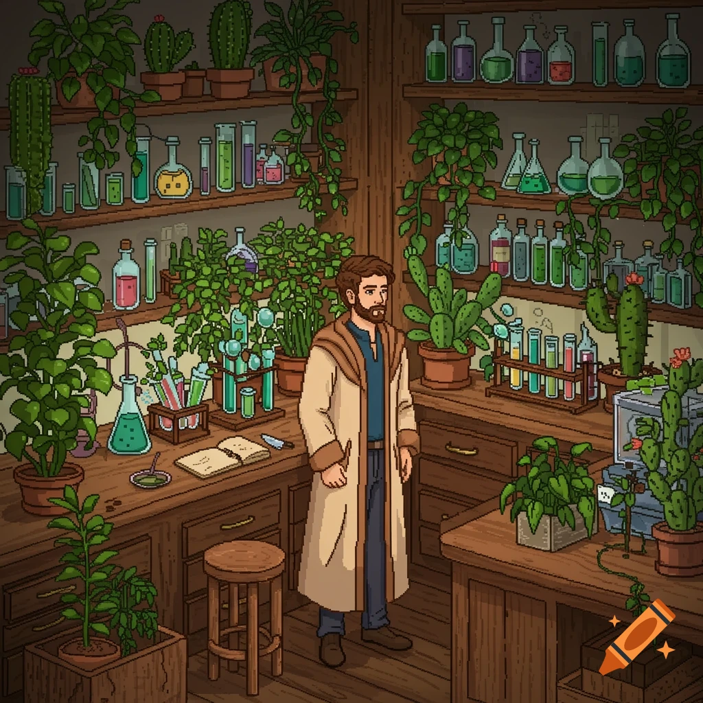 Pixel art of a bearded alchemist in a cluttered laboratory filled with plants, cacti, glass bottles, and chemical equipment.