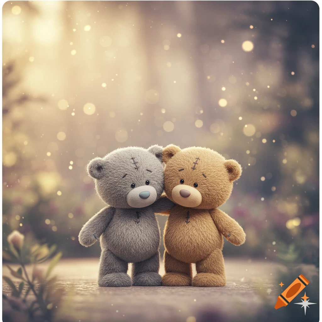 Two soft, digitally rendered plush teddy bears, one gray and one brown, hugging amidst a magical forest with glowing bokeh lights.
