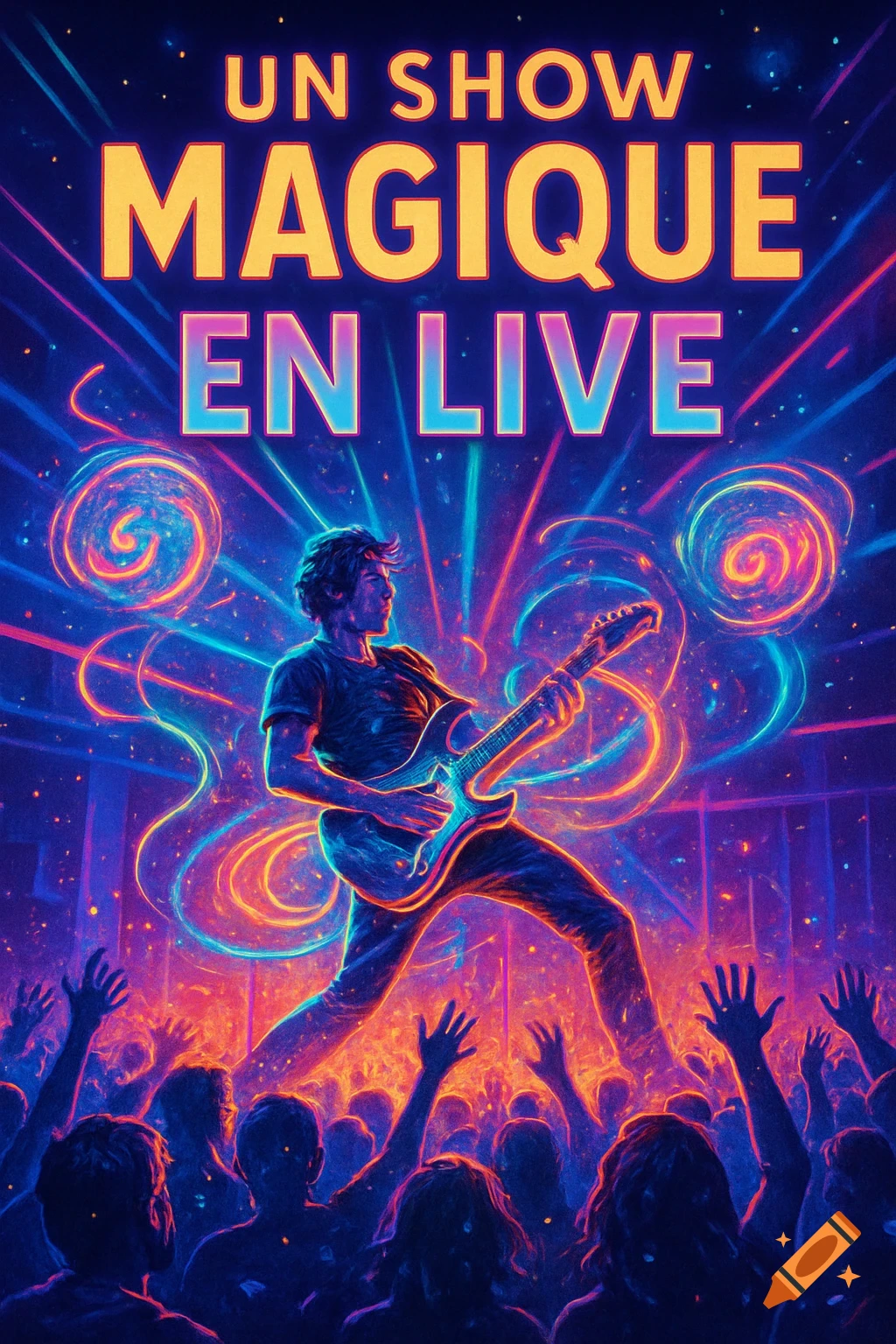 Vibrant neon poster of a guitarist performing on stage for a cheering crowd, with glowing light trails. Text: UN SHOW MAGIQUE EN LIVE.