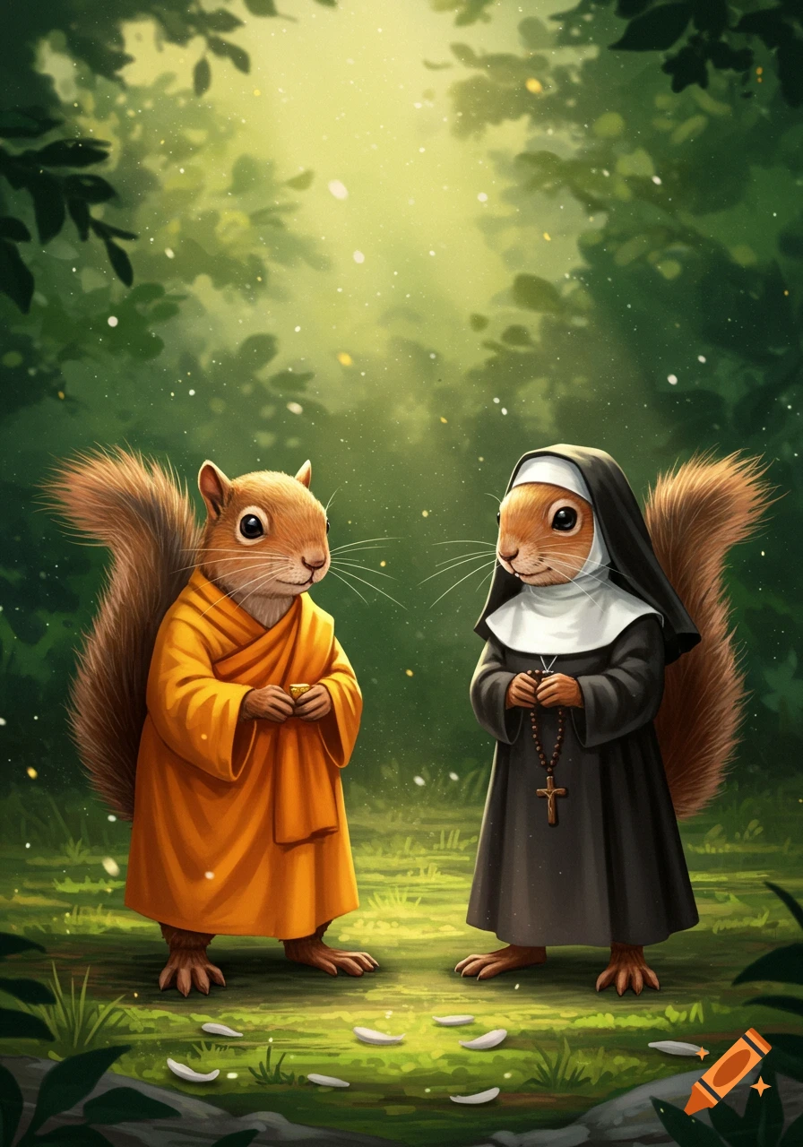 Two anthropomorphic squirrels, one a Buddhist monk and one a Catholic nun, stand in a bright forest.