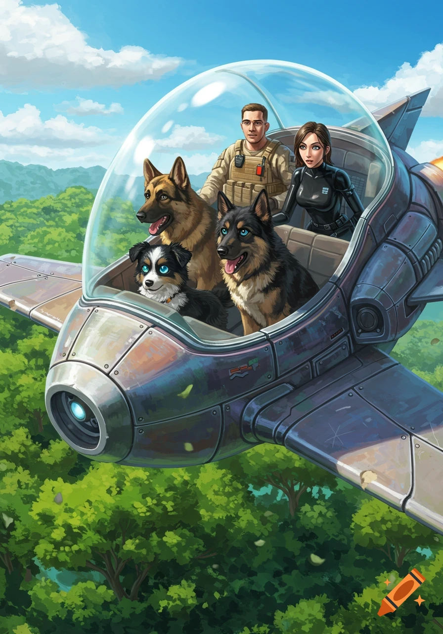 An illustrative image of a man, a woman, three German shepherds, and a puppy flying in a futuristic spaceship over a lush green forest with a blue sky.