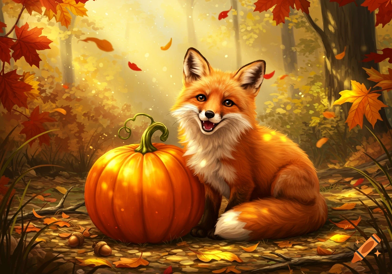 A happy, fluffy red fox sits next to a bright orange pumpkin in a warm, glowing autumn forest with falling leaves. Illustrated.