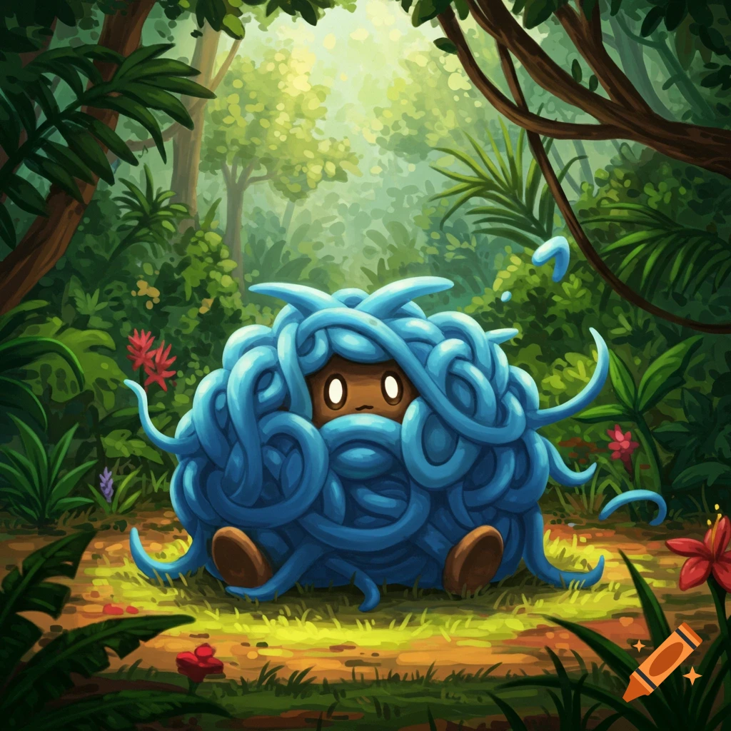 A cute blue, vine-covered creature with small brown eyes and feet sits on the forest floor in a lush green jungle.