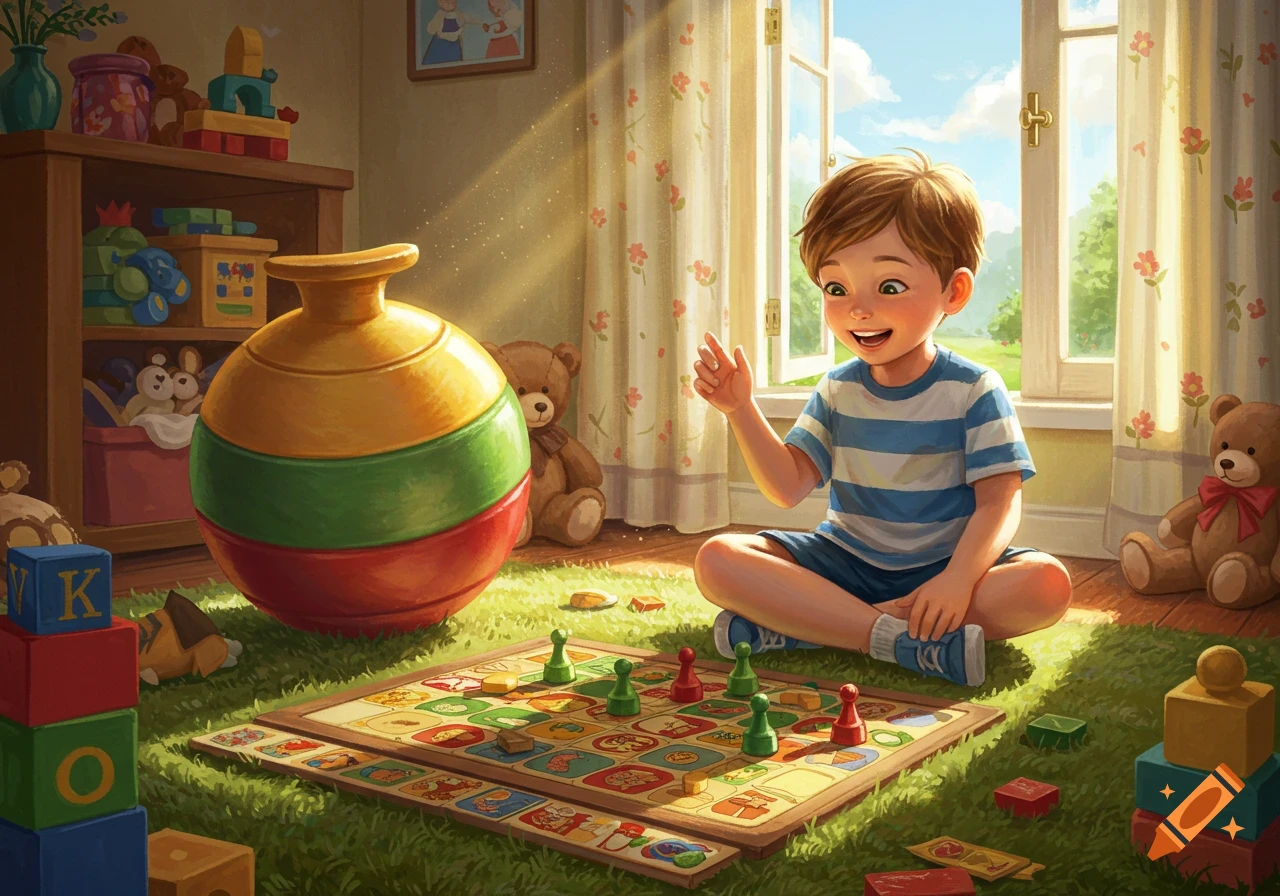A smiling 5-year-old boy plays a colorful board game on a grassy rug in a sunlit room filled with toys.