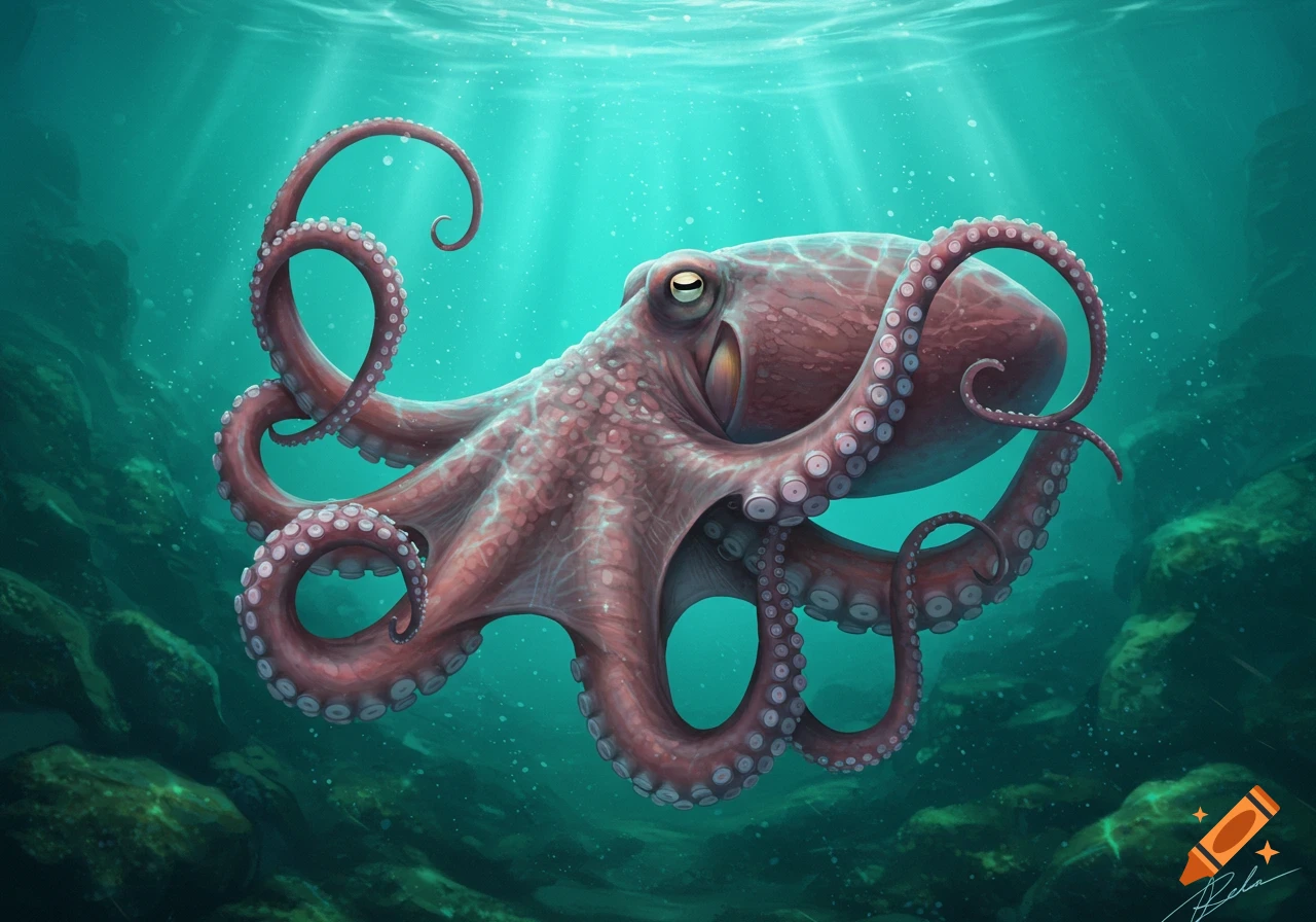 A reddish-brown octopus swims in a vibrant blue-green ocean with light rays shining from above.