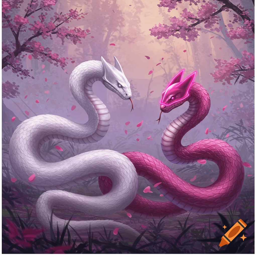 Two stylized snakes, one white with a white headpiece and one pink with a glowing pink headpiece, face each other in a cherry blossom forest with falling petals.