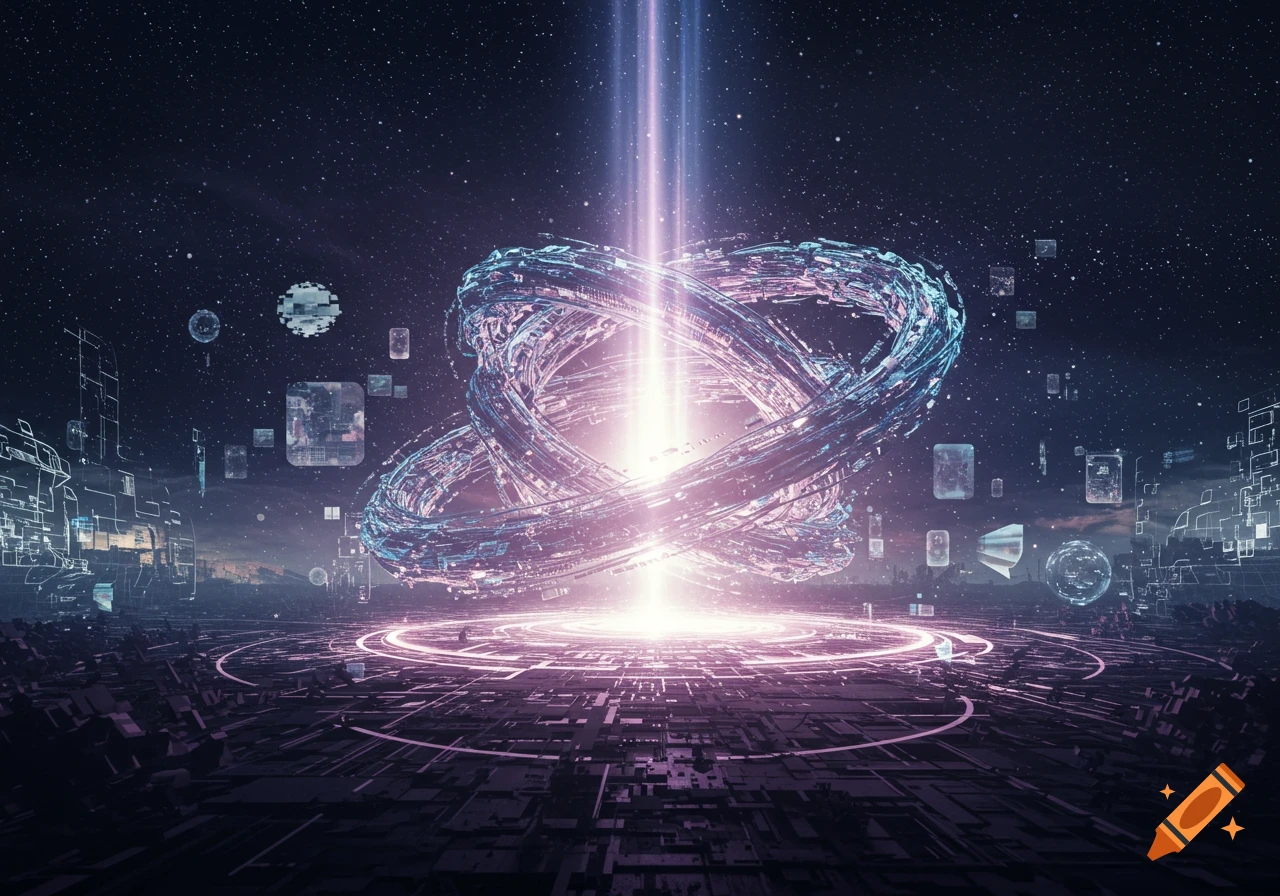 A vibrant sci-fi scene with a glowing energy beam amidst swirling futuristic rings and structures under a starry sky.