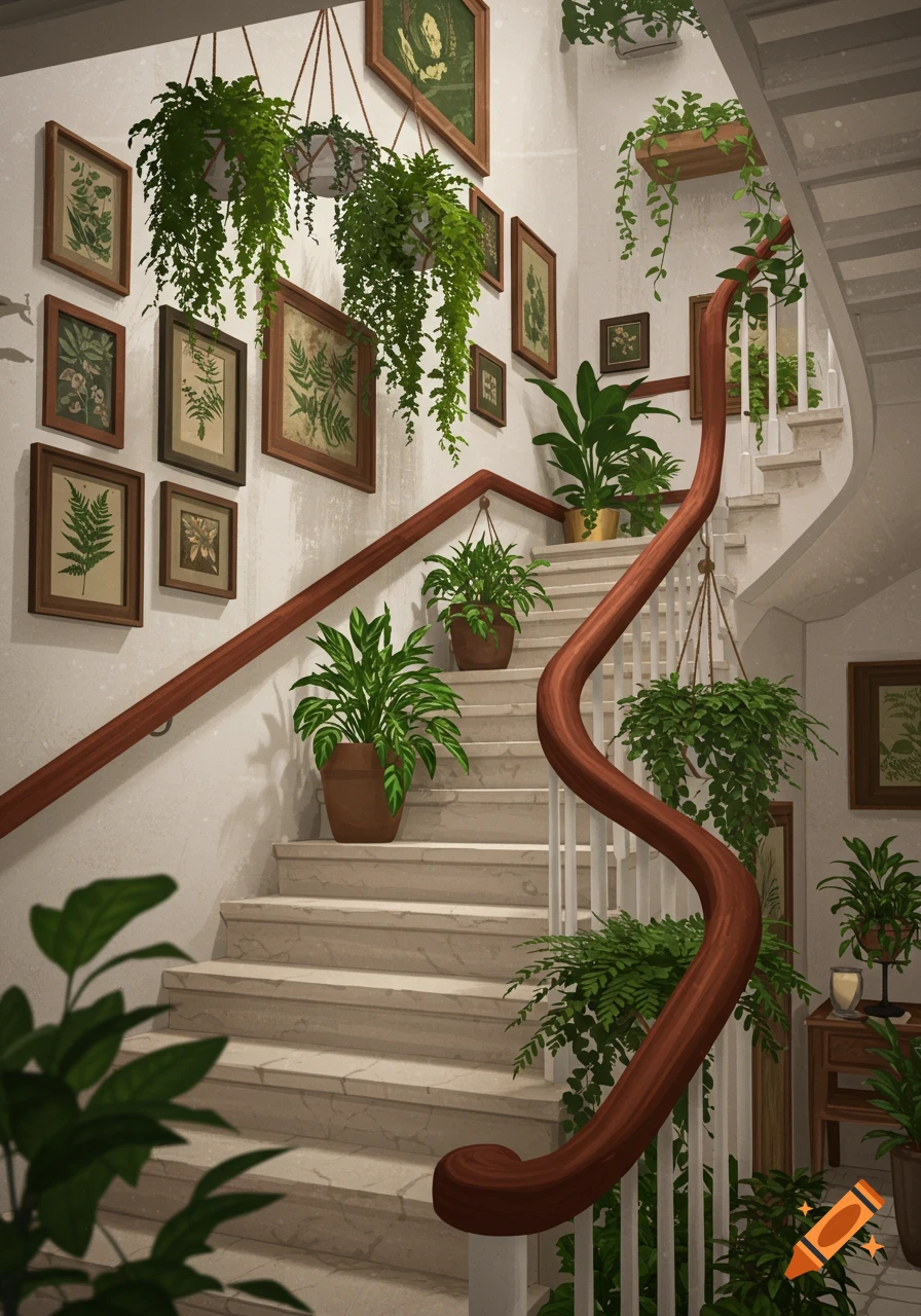 A well-lit interior staircase featuring marble steps, a dark wooden handrail, many framed botanical prints, and various lush green plants.