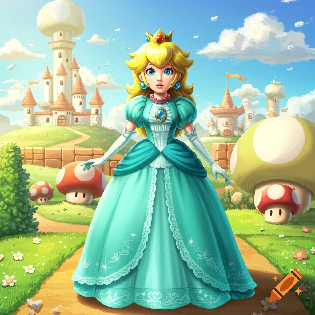 Princess Peach in a turquoise gown and crown stands on a path in a vibrant, whimsical kingdom with castles and giant mushrooms.