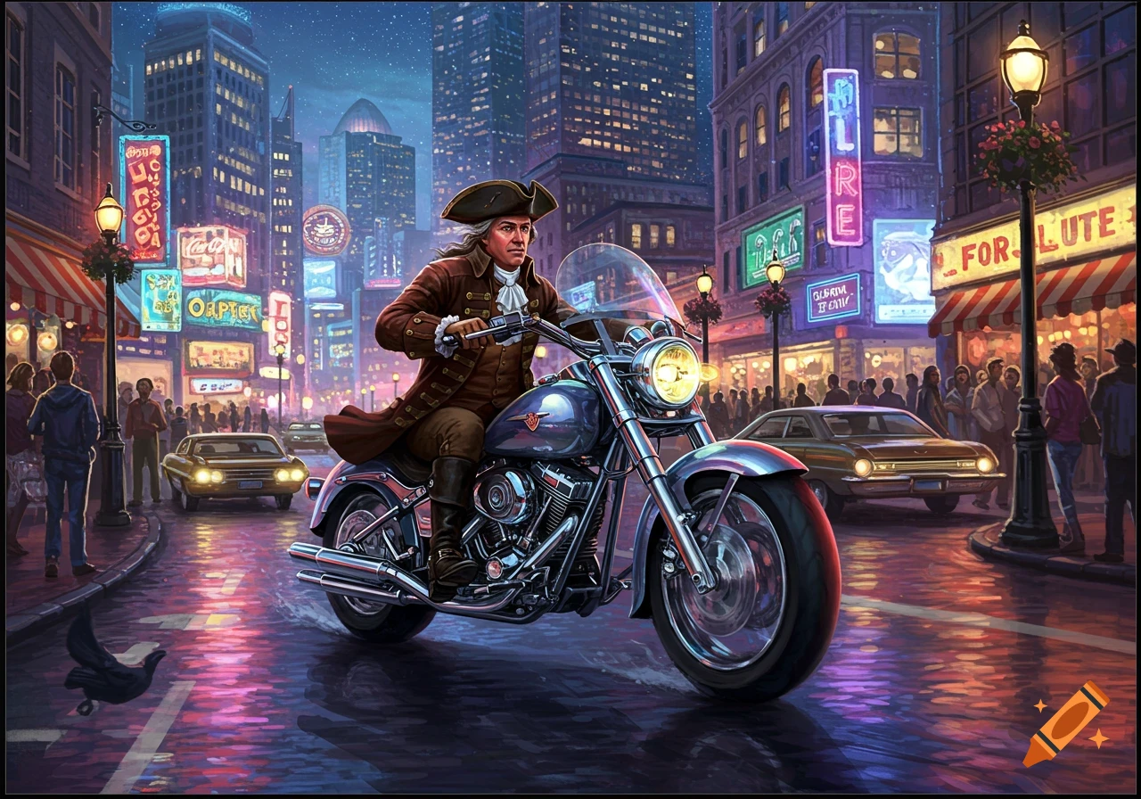 An illustration of Paul Revere riding a motorcycle through a neon-lit modern city street at night.