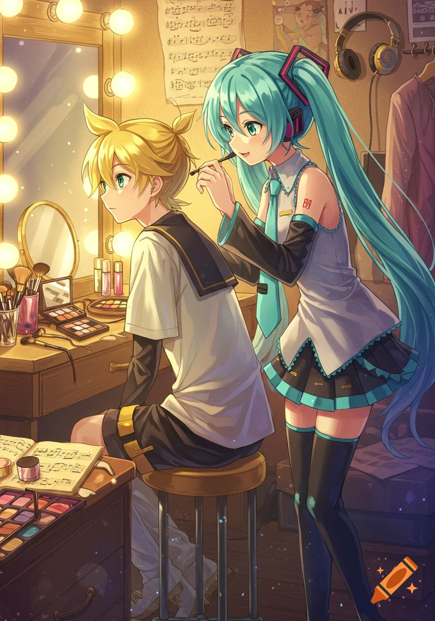 Hatsune Miku applies makeup to Kagamine Len in a brightly lit anime dressing room, surrounded by cosmetics and musical scores.