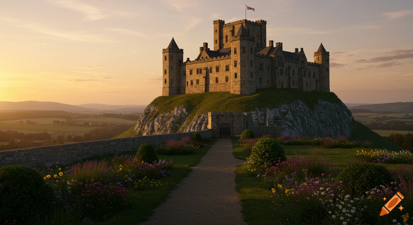 Majestic stone castle on a hill at sunset, with a winding path and vibrant flowers in the foreground. Photorealistic.