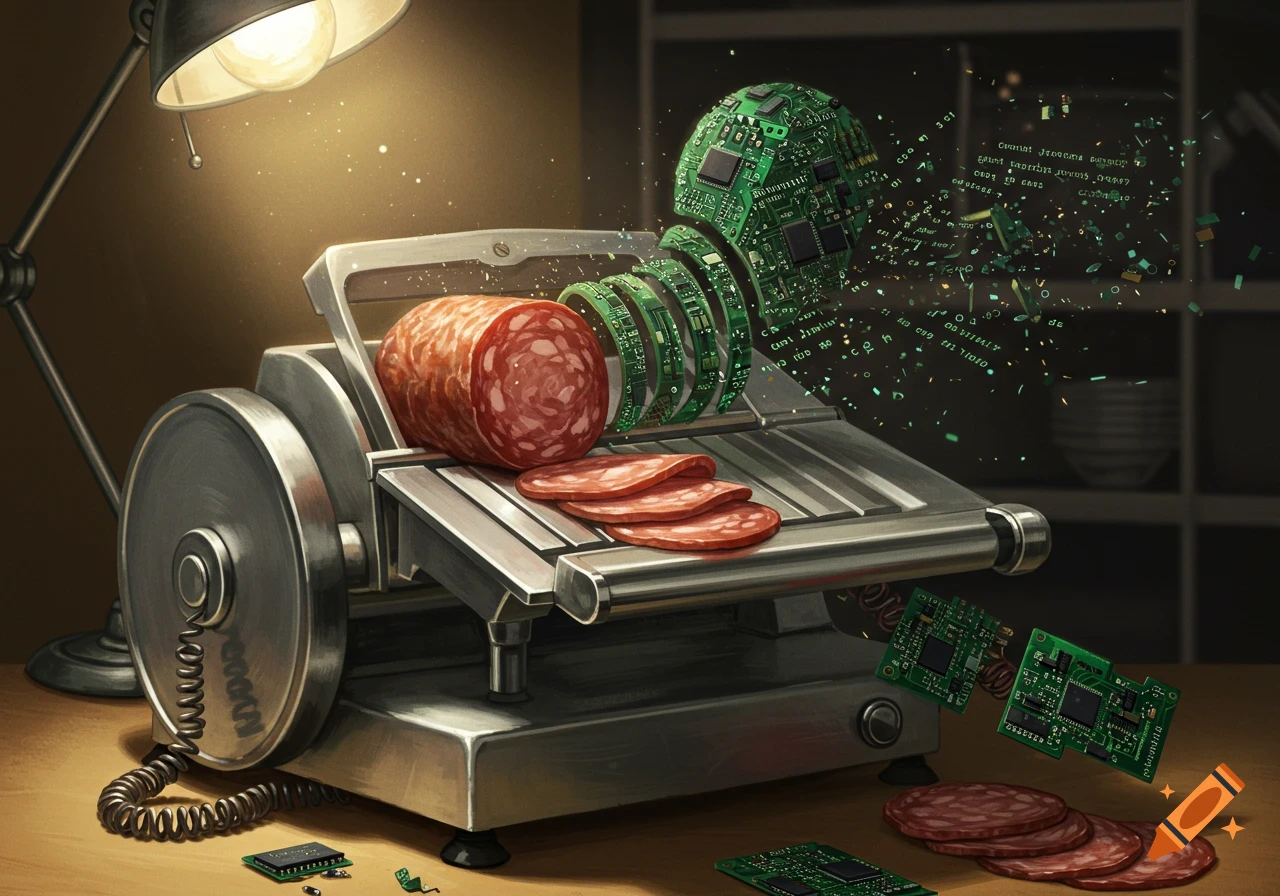 A salami slicing machine cuts a log made of circuit boards into slices, with binary code and fragments scattering around it.