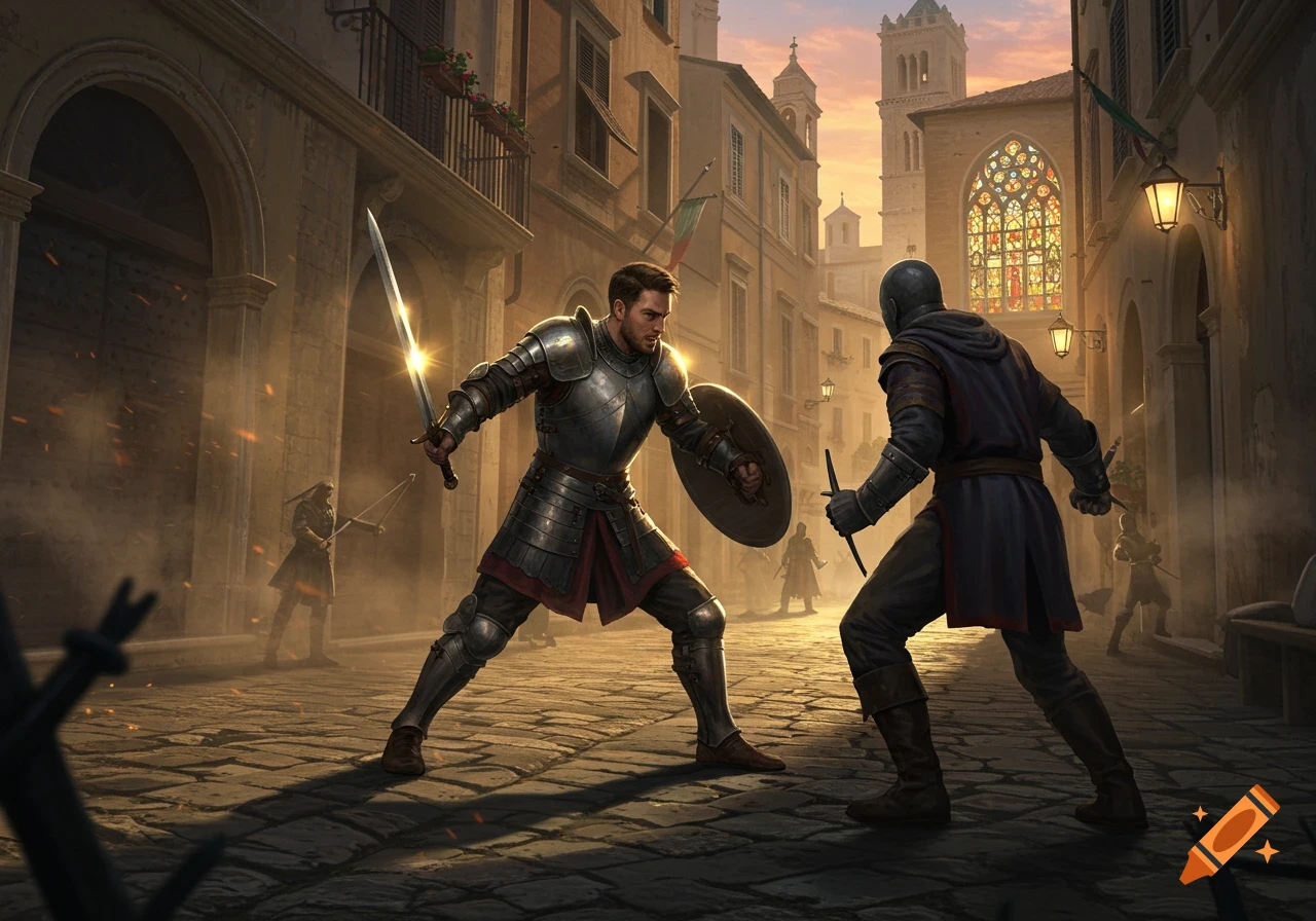Two armored warriors battle with swords and shield in a detailed medieval city street at sunset, with other figures in the background.